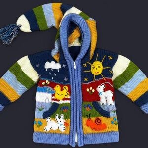 Hand Knitted Peruvian Wool Baby Cardigan Zip Up Sweater Stocking Hat 12-18 Month